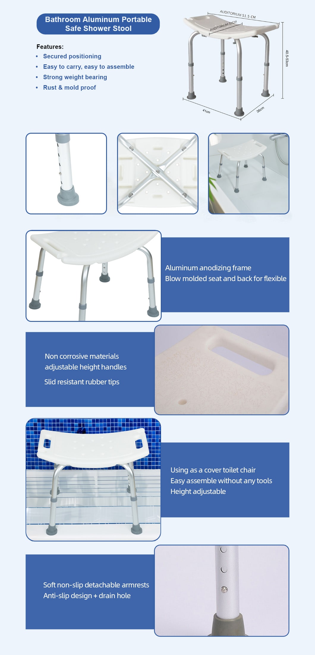 Especificaciones de la silla de ducha BME340L
