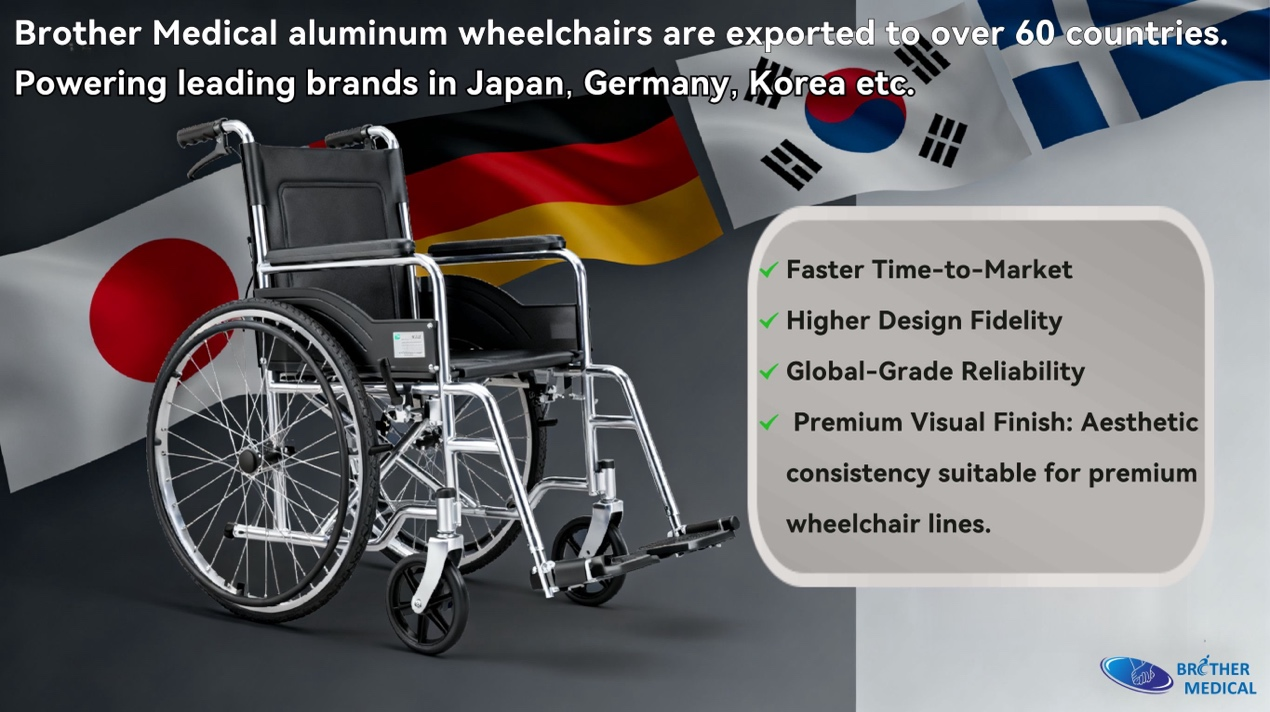 Sillas de ruedas Brother Medical exportadas a m&aacute;s de 60 pa&iacute;ses, tiempo de comercializaci&oacute;n m&aacute;s r&aacute;pido, mayor fidelidad de dise&ntilde;o, confiabilidad de nivel global, acabado visual premium Consistencia est&eacute;tica adecuada para l&iacute;neas de sillas de ruedas premium