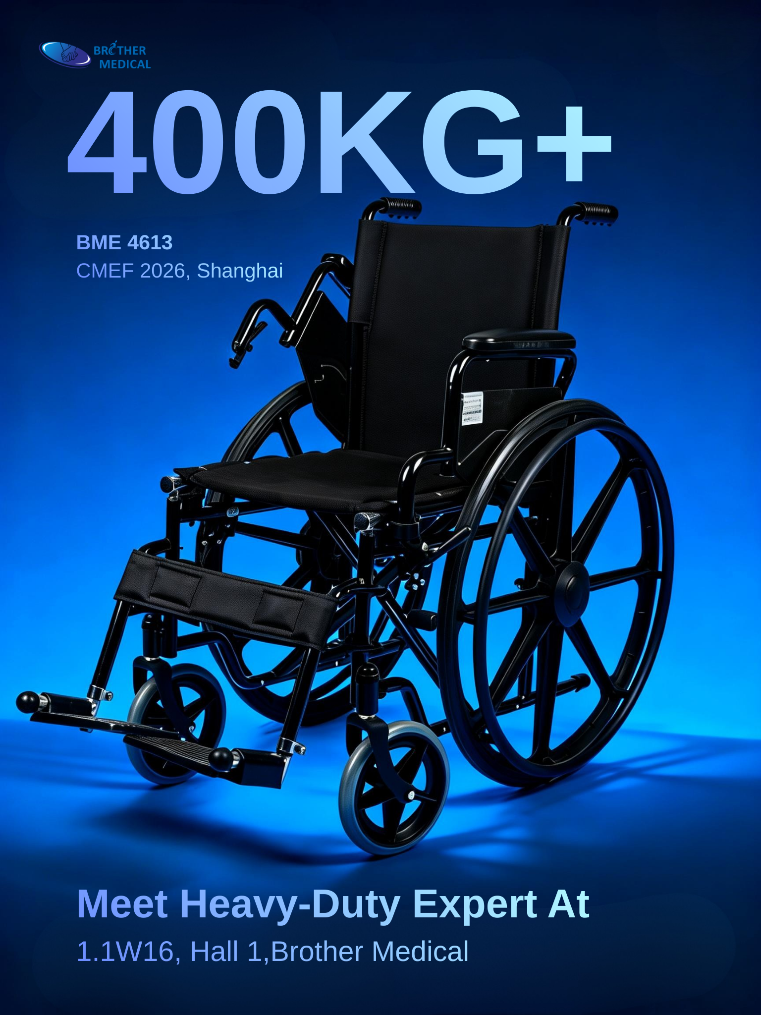 Detalle de armaz&oacute;n reforzado con capacidad de 300kg de silla de ruedas bari&aacute;trica para CMEF 2026.
