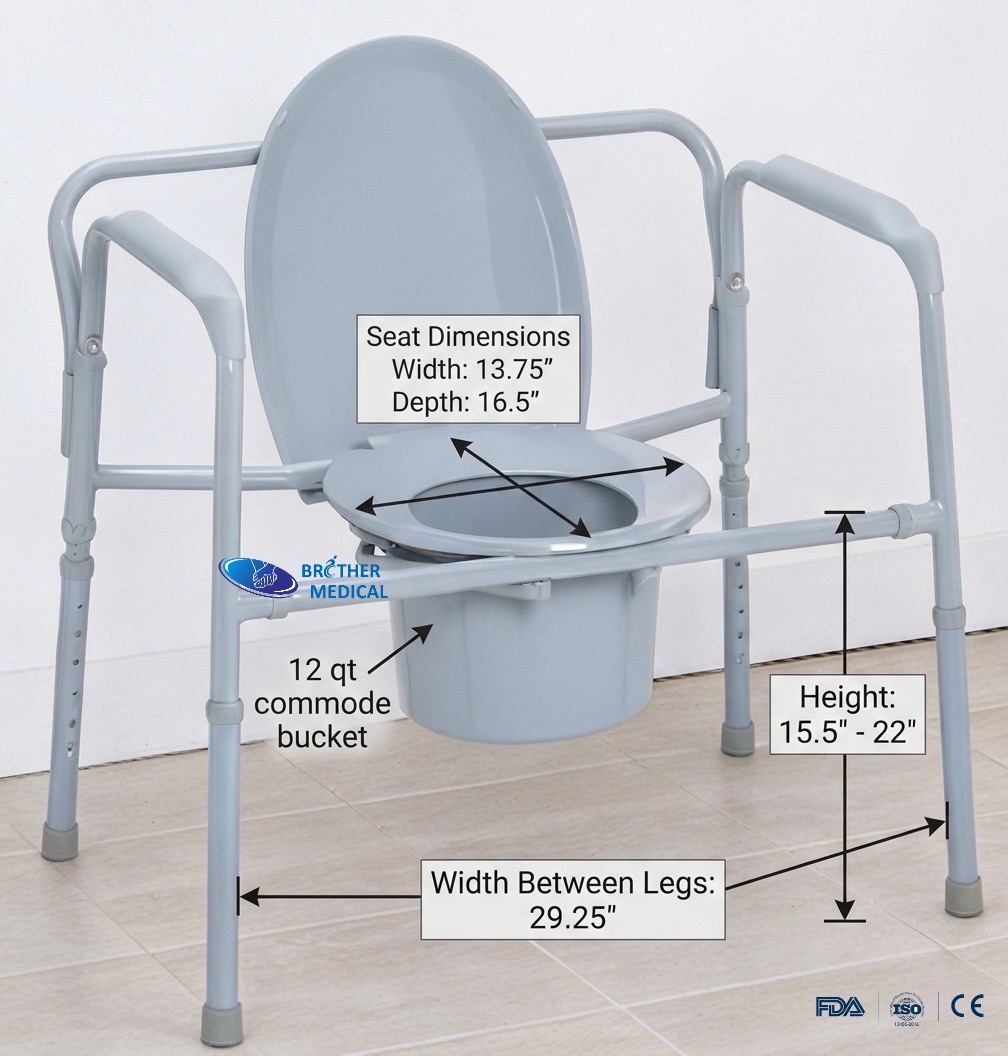 Tabla de dimensiones t&eacute;cnicas para inodoro bari&aacute;trico plegable: ancho de asiento extra ancho de 24 pulgadas y especificaciones de altura ajustable en pulgadas.