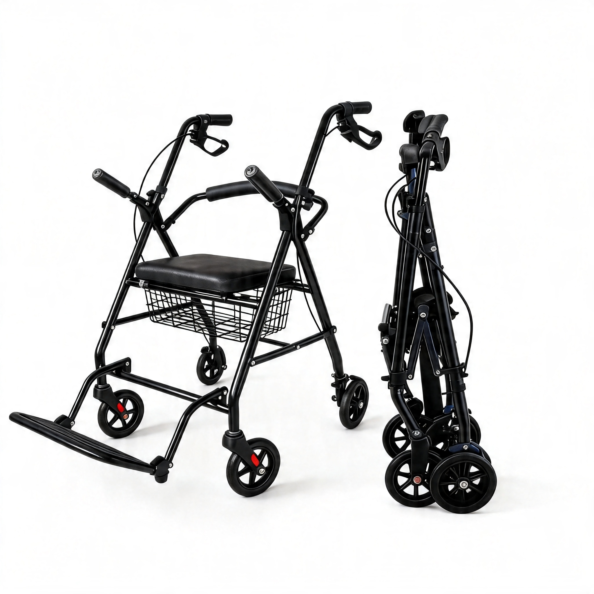 BME885 Andador plegable y silla de transporte 2 en 1 con asiento acolchado y reposapiés plegable