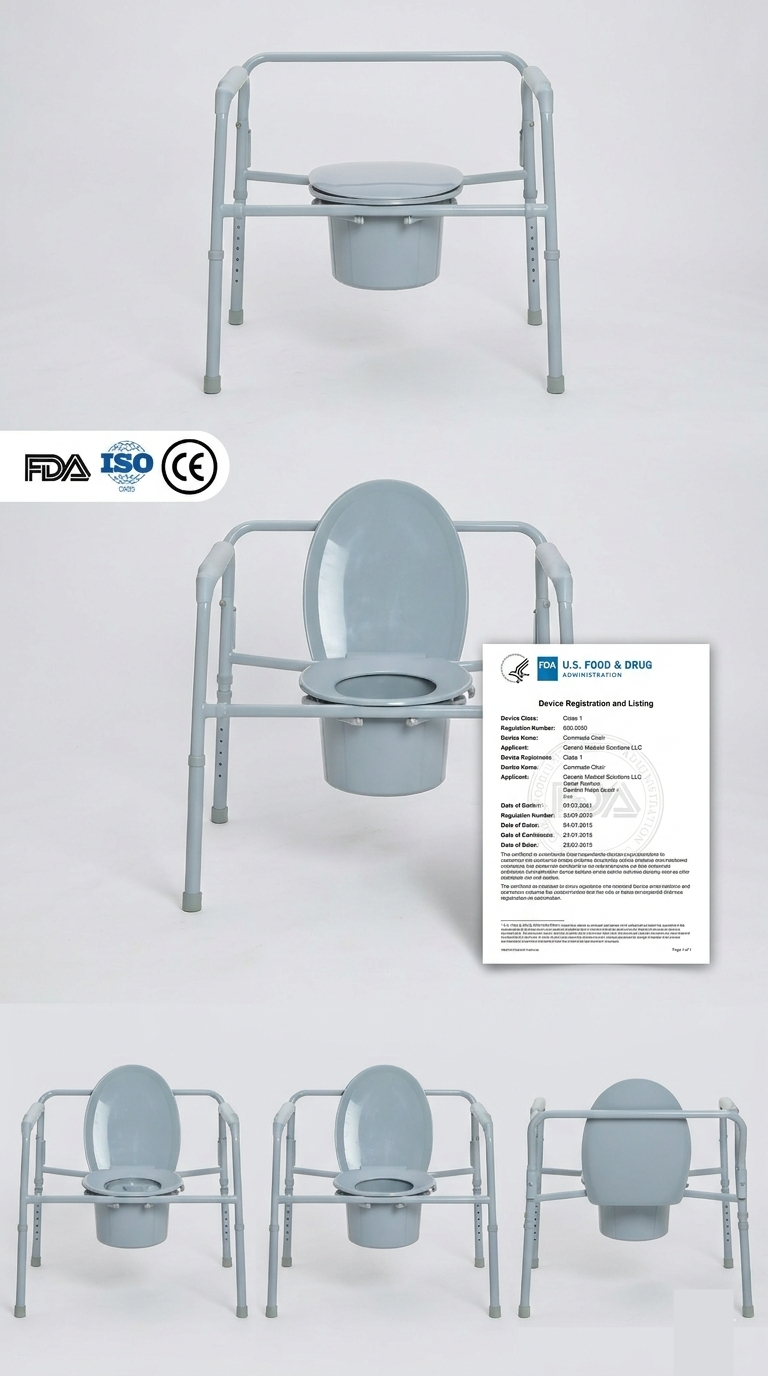 C&oacute;moda bari&aacute;trica plegable registrada por la FDA con marco de acero duradero que soporta hasta 650 libras. Certificado para los mercados de equipos m&eacute;dicos (DME) de EE. UU., compatible con el c&oacute;digo HCPCS E0168.