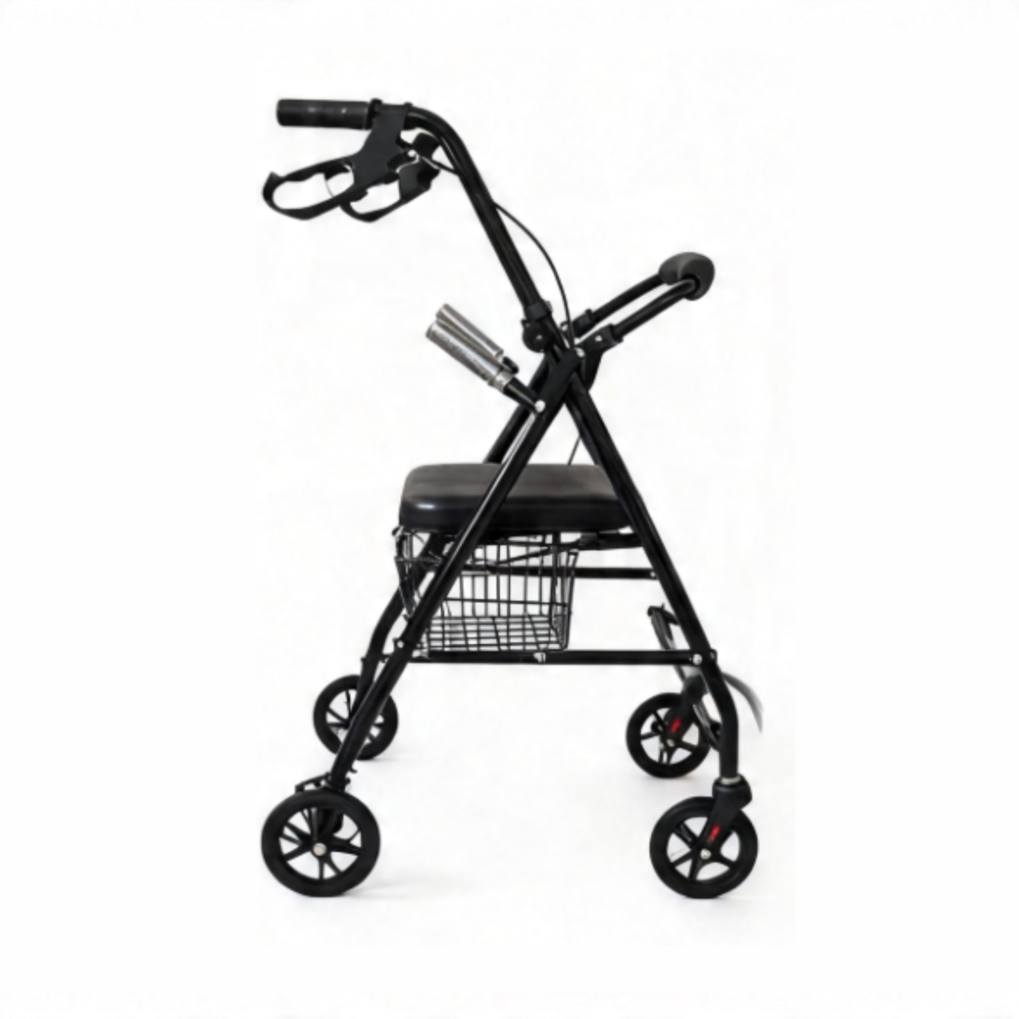 BME885 Andador plegable y silla de transporte 2 en 1 con asiento acolchado y reposapiés plegable