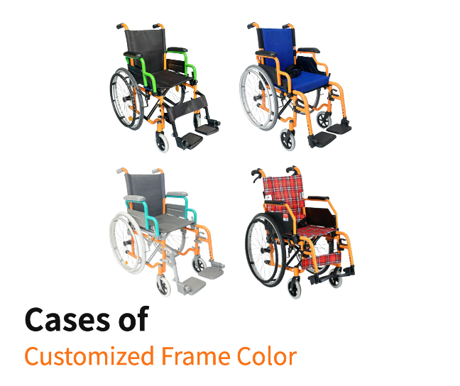 Fundas de color de estructura personalizadas para sillas de ruedas infantiles.