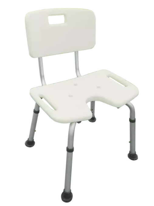 Una silla de ducha plegable con una estructura resistente, dise&ntilde;ada para brindar comodidad y seguridad, con patas ajustables y un dise&ntilde;o compacto para un f&aacute;cil almacenamiento.