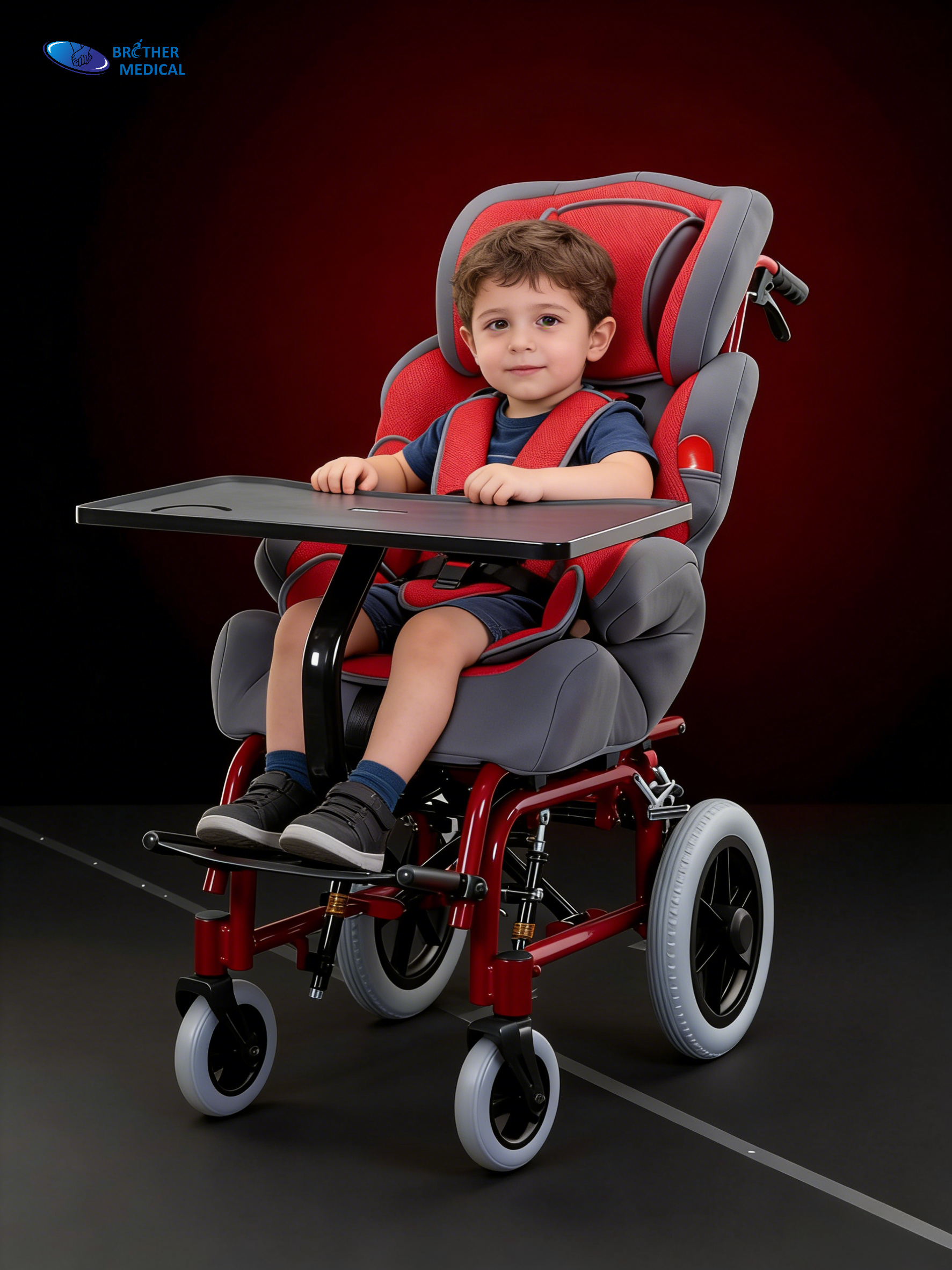 Silla de ruedas roja para parálisis cerebral para bebé