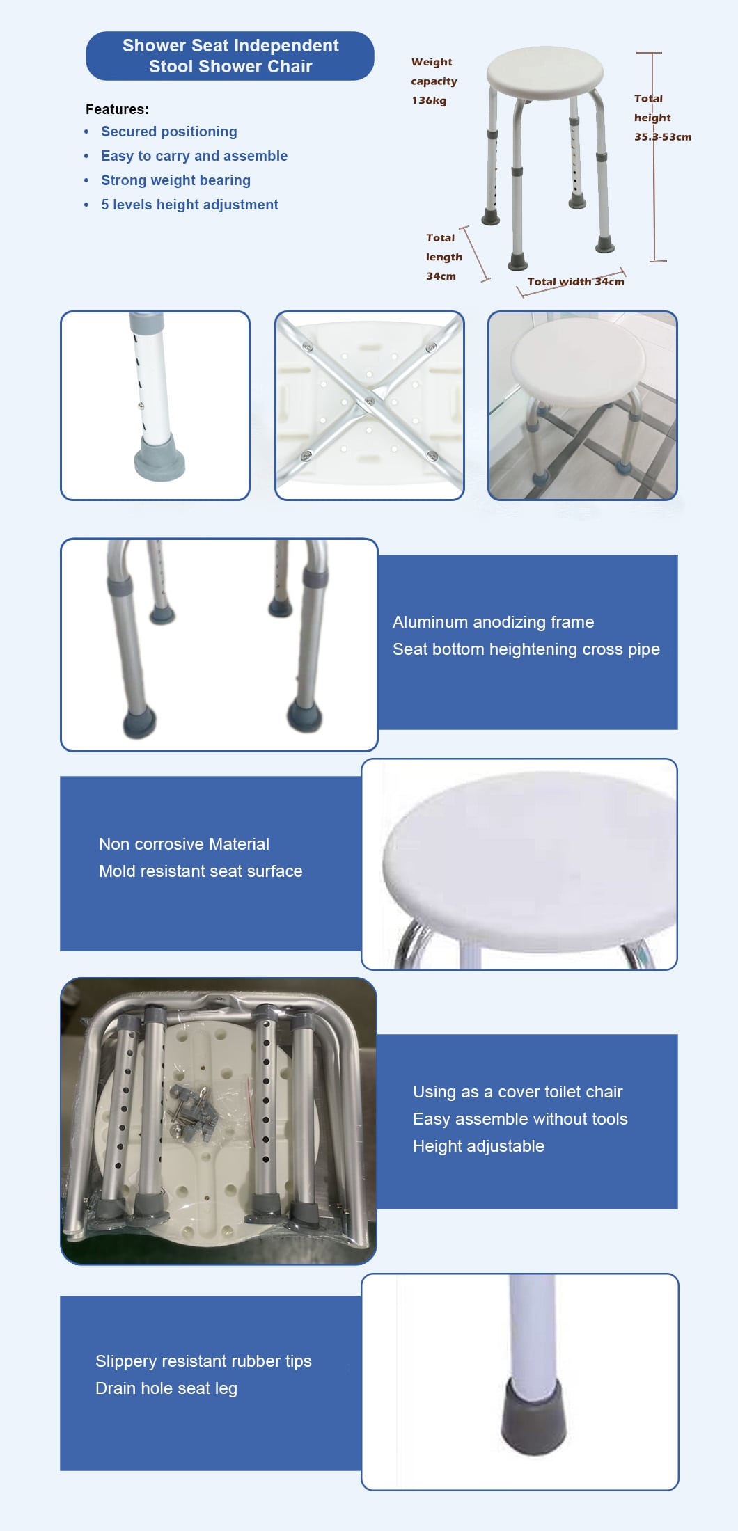 Especificaciones de la silla de ducha con taburete BME330 