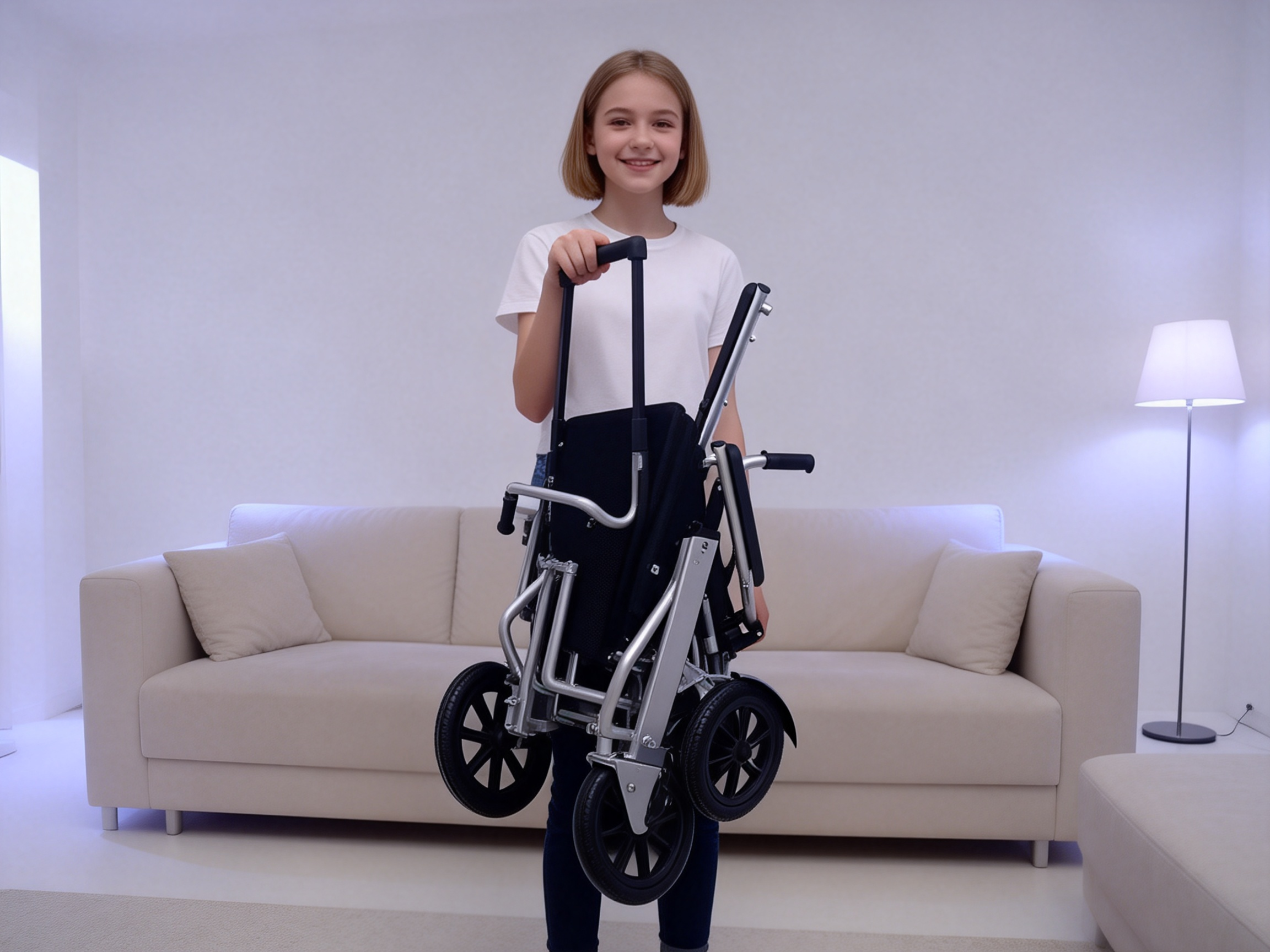 Silla de ruedas el&eacute;ctrica ultraligera plegada, f&aacute;cil de llevar y transportar.