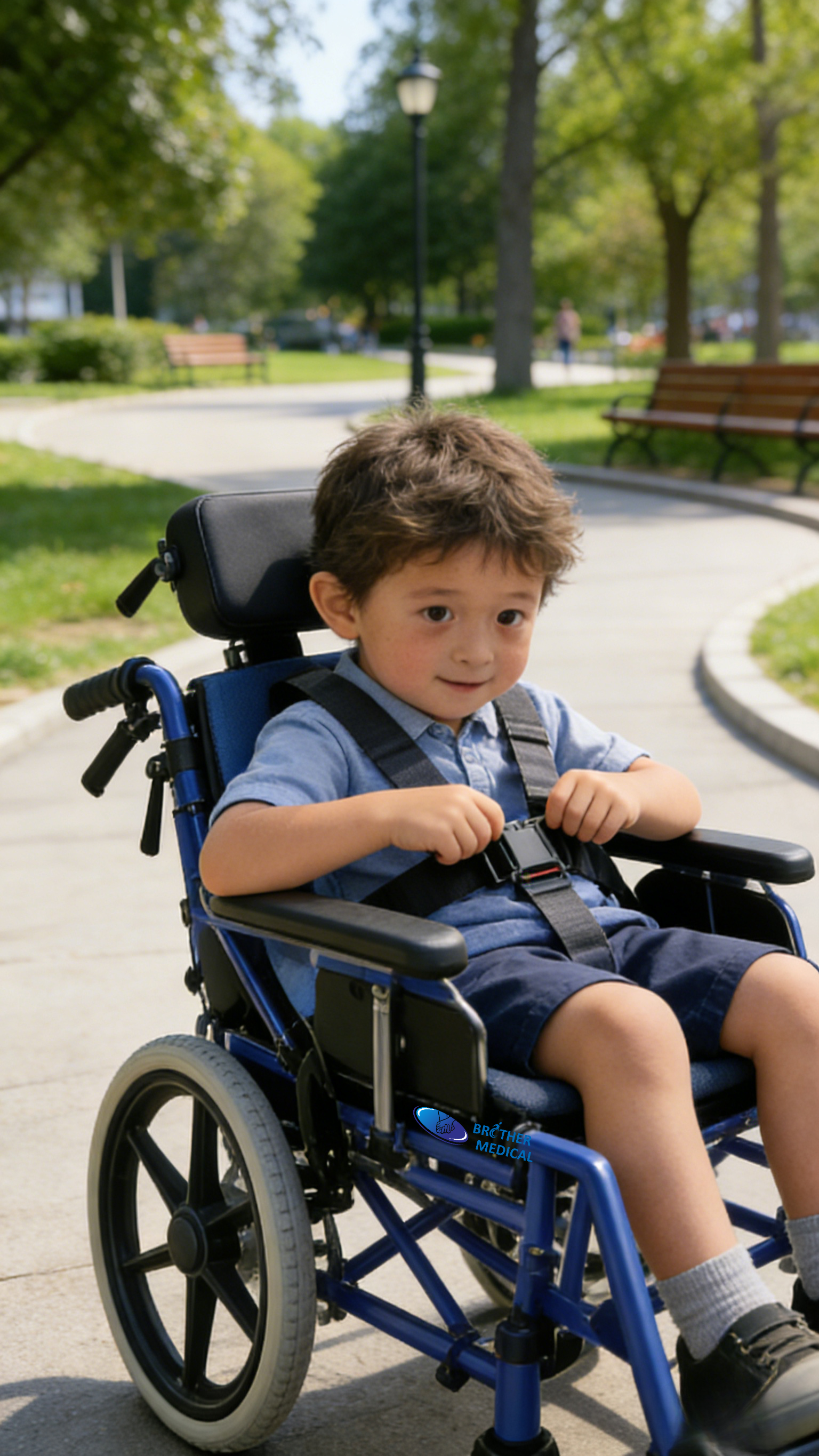 Silla de ruedas pediátrica ajustable para parálisis cerebral | Ayuda de movilidad de aluminio lista para el crecimiento (azul)