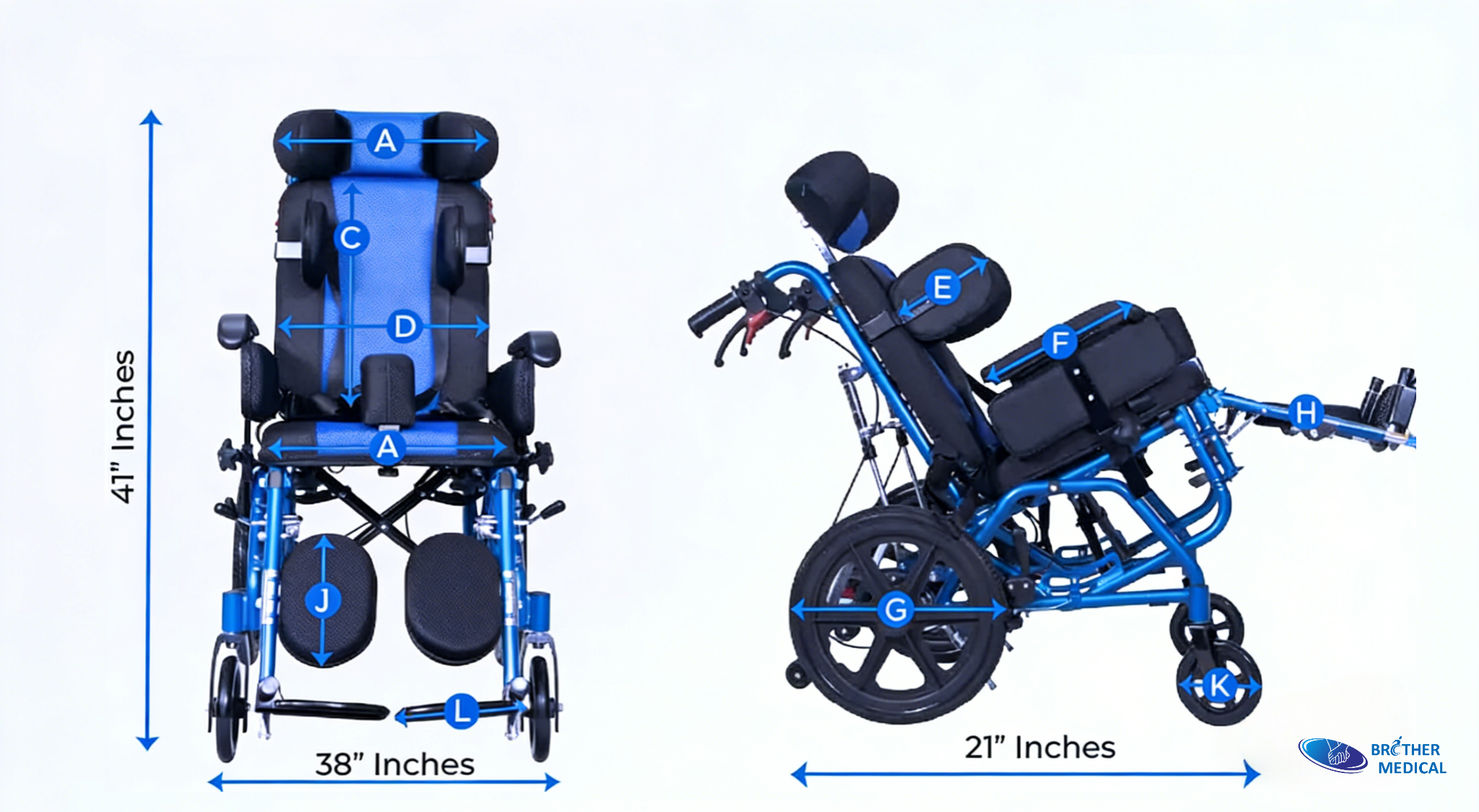 Informaci&oacute;n sobre el tama&ntilde;o de la silla de ruedas para par&aacute;lisis cerebral, BME4620 Azul