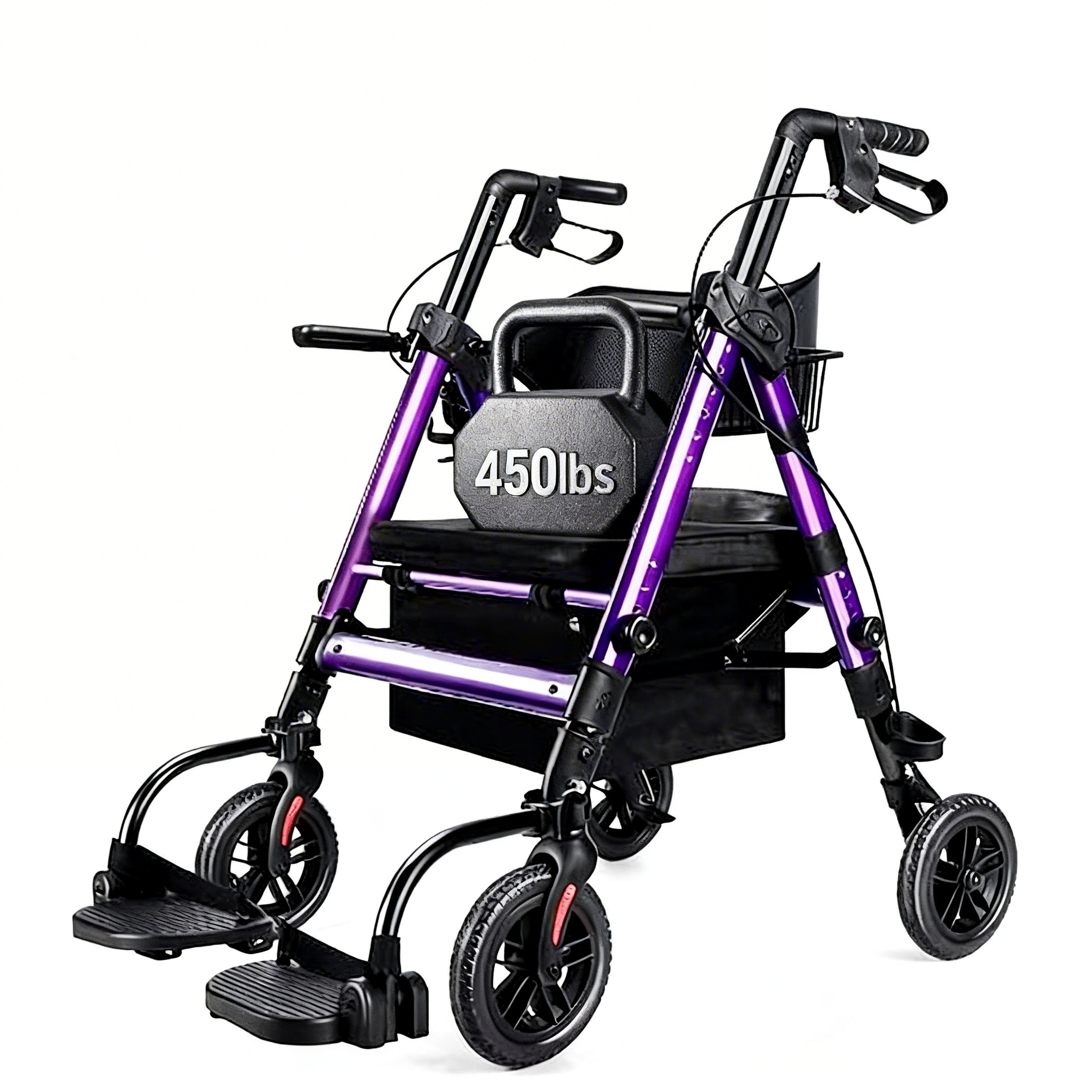 BME888 Silla de transporte con andador bariátrico 2 en 1 de alta resistencia, 450 libras de capacidad, con asiento ancho acolchado y reposapiés plegable
