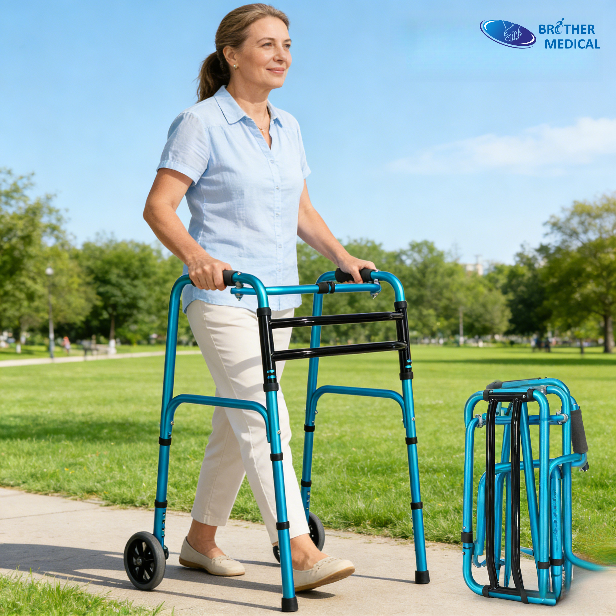 Andador m&eacute;dico de aluminio para uso en rehabilitaci&oacute;n.