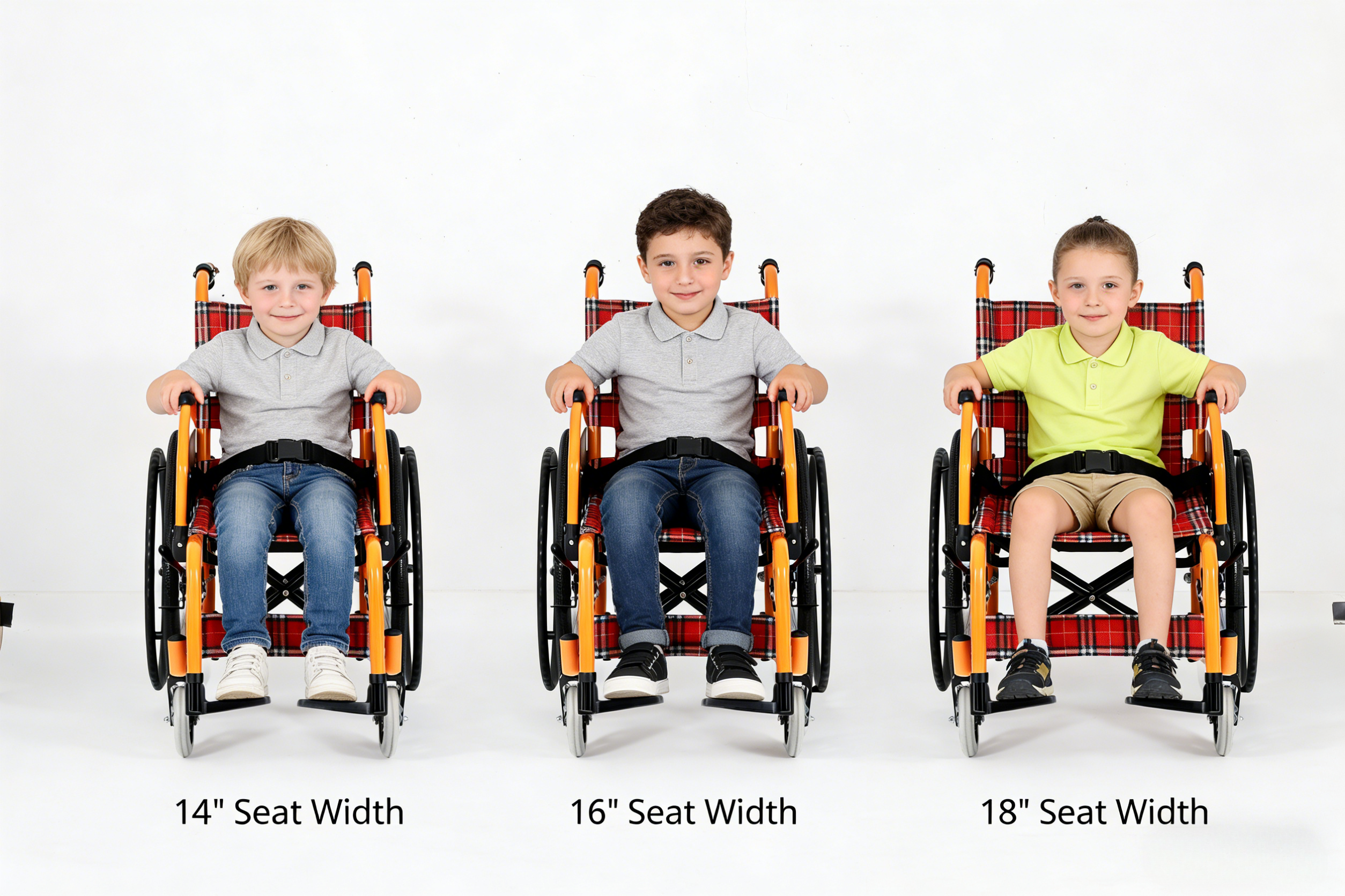 Tres tama&ntilde;os de silla de ruedas pedi&aacute;trica con tama&ntilde;o y ancho de asiento personalizados: 14' 16' 18'
