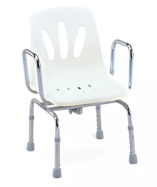 Una silla de ducha resistente con estructura reforzada, asiento ancho y reposabrazos resistentes, dise&ntilde;ada para brindar el m&aacute;ximo soporte y seguridad en la ducha.