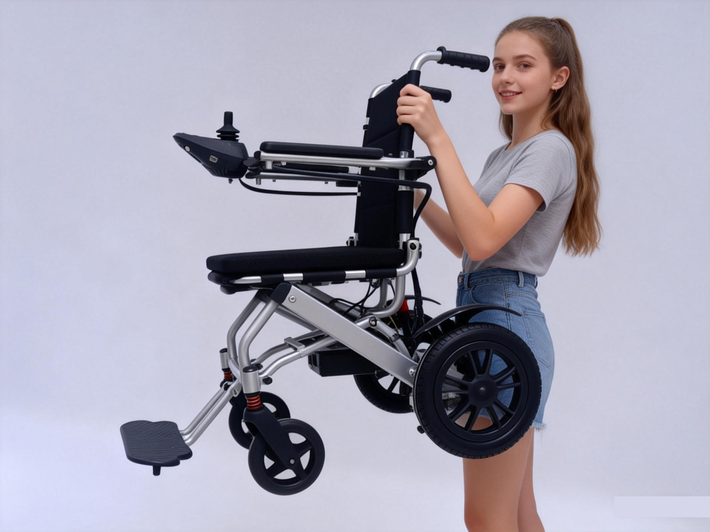 Mujer joven que levanta f&aacute;cilmente una silla de ruedas el&eacute;ctrica ultraligera, dise&ntilde;o de aluminio de 17 kg. 