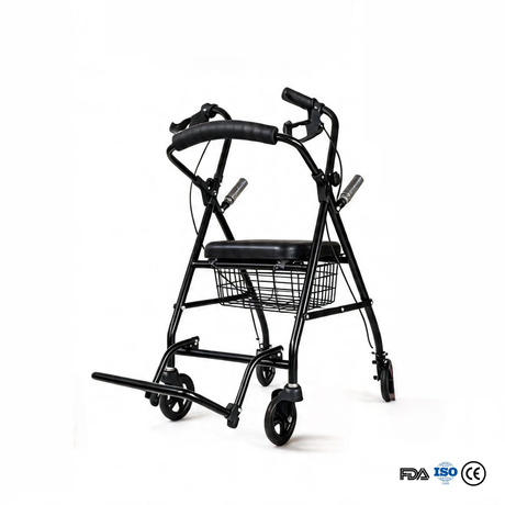 BME885 Andador plegable y silla de transporte 2 en 1 con asiento acolchado y reposapiés plegable