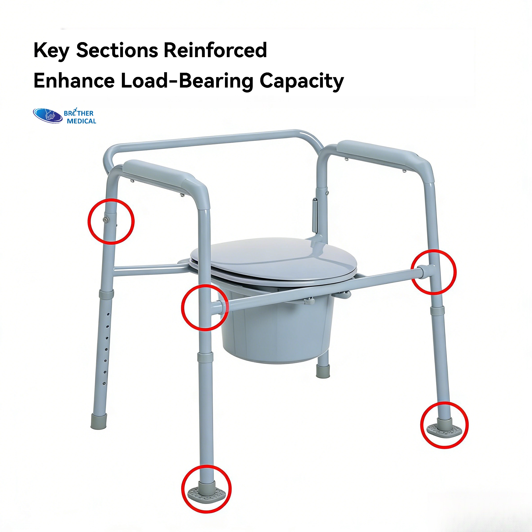 Primer plano de soldadura de precisi&oacute;n en una silla con inodoro bari&aacute;trico plegable de calidad profesional de Brother Medical. Secciones clave reforzadas que mejoran la capacidad de carga 