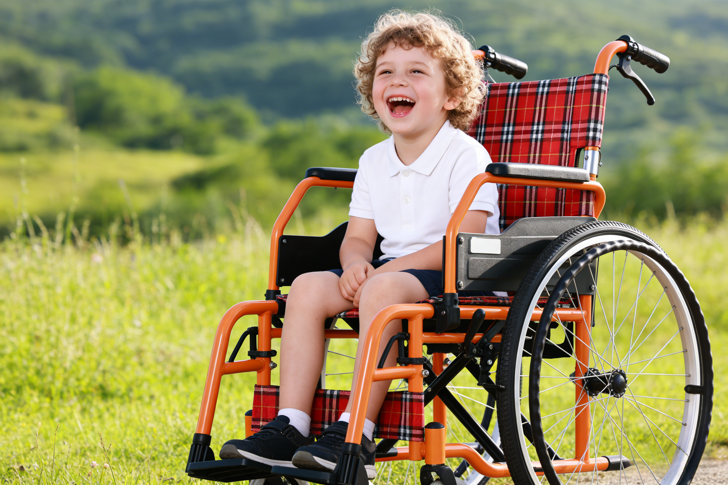 Ni&ntilde;o satisfecho en la silla de ruedas pedi&aacute;trica de Brother Medical, al aire libre