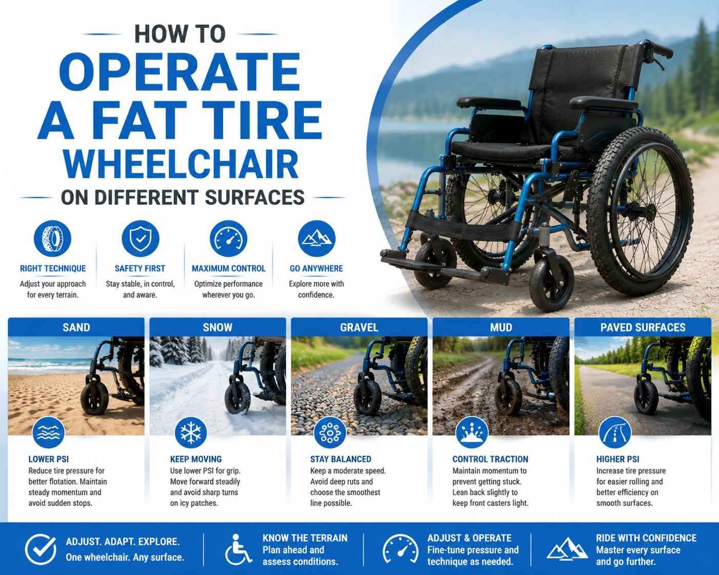 ¿Cómo operar una silla de ruedas Fat Tire en diferentes superficies?