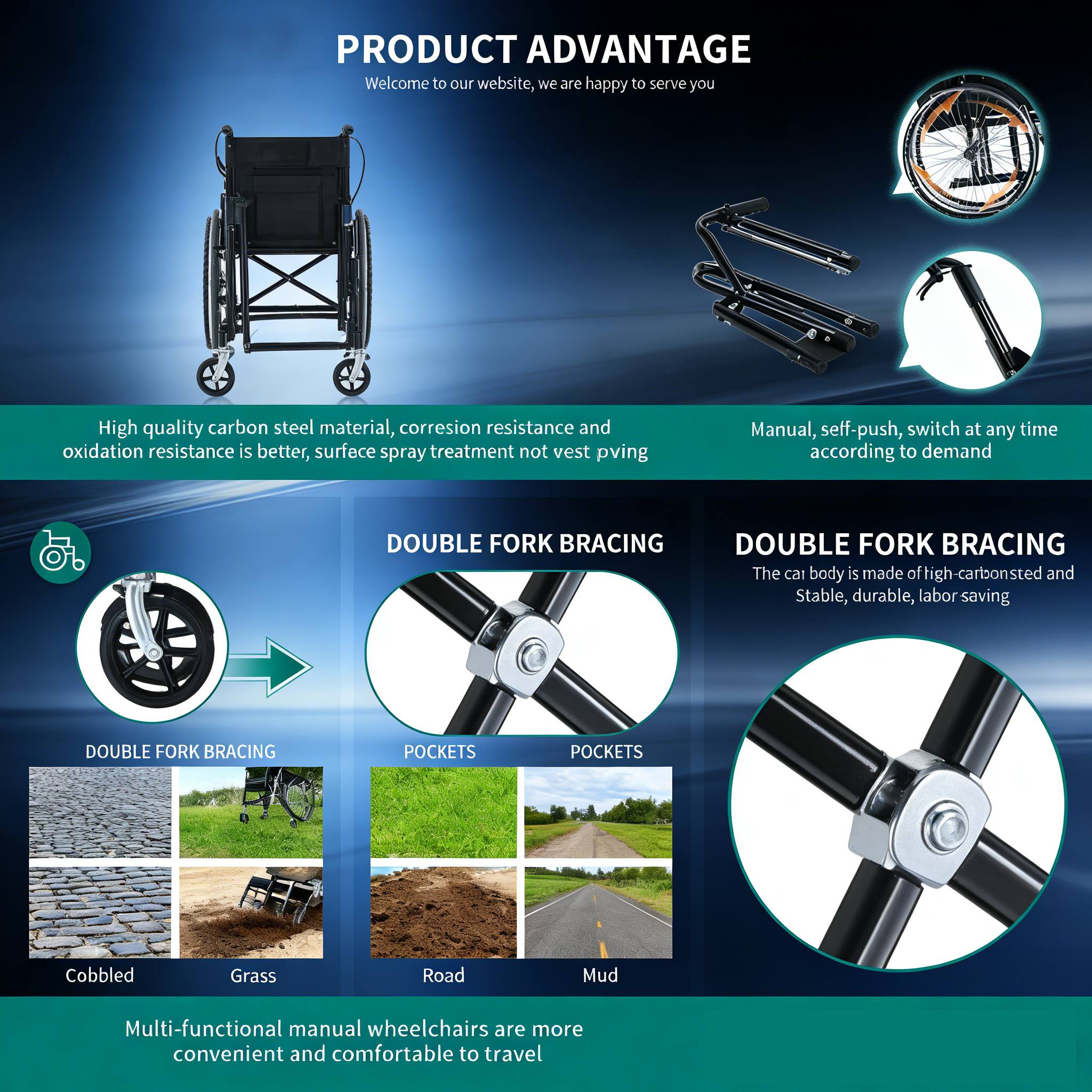 La silla de ruedas Brother Medical con estructura reforzada utiliza uniones de doble soldadura en puntos de pivote de alta tensi&oacute;n, sistemas de refuerzo transversal para distribuir la carga de manera uniforme y tubos engrosados, a menudo de acero o aleaciones de aluminio de alta calidad.
